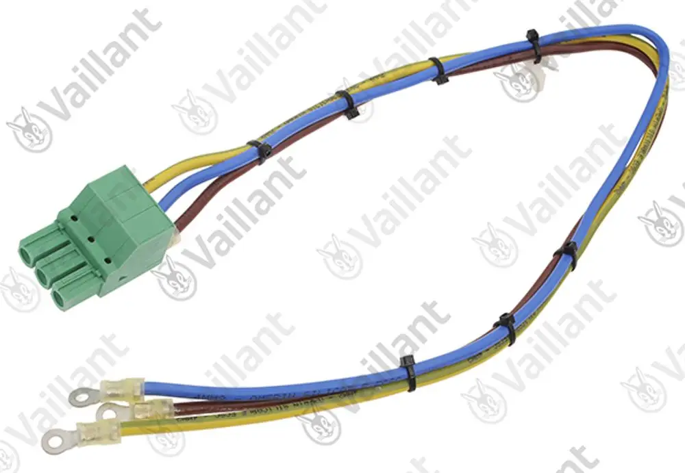 Vaillant Kabelbaum mit grünem Stecker und verschiedenen Kabeln zur elektrischen Verbindung, bestehend aus drei Kabeln mit Ringösen.